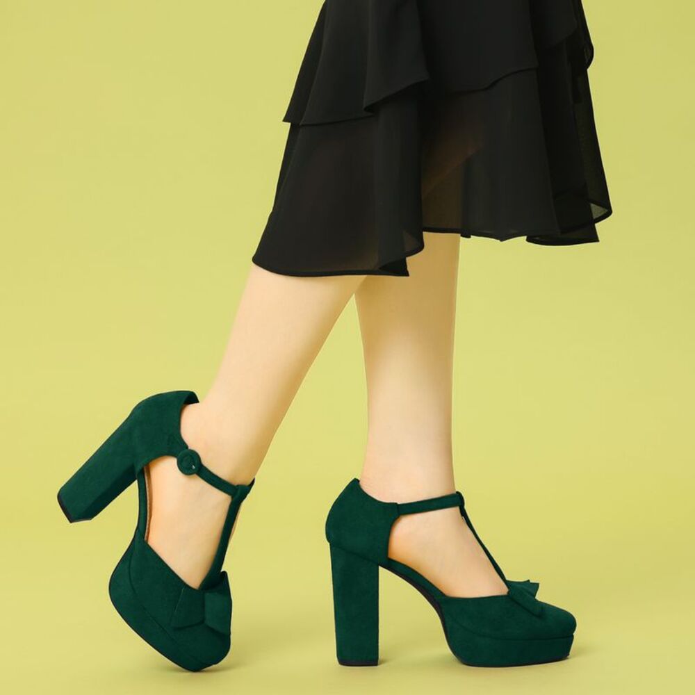 Mary Janes Platform Pumps Halloween Costumes Green Chunky Heels Dress Shoes - Picture 2 of 6
